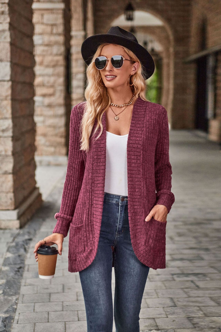 Women's longer ribbed cardigan with patch pockets and open front Mune Fashion