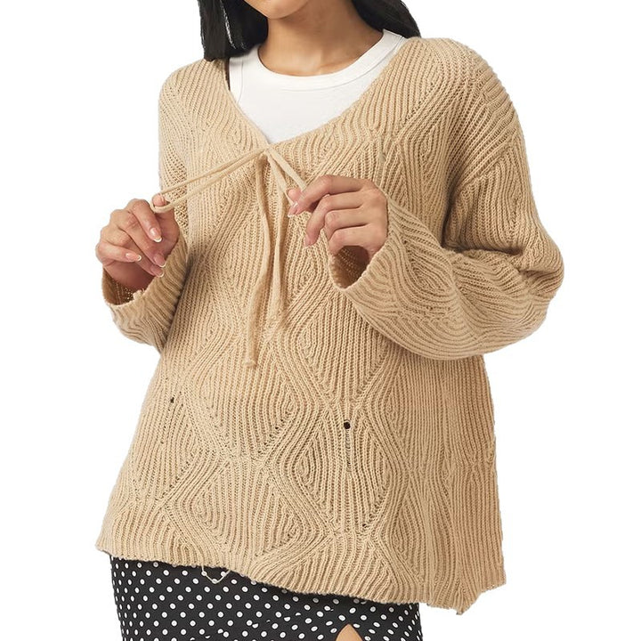 Women's Oversized Knit Sweater with V-Neck, Drawstring, and Diamond Pattern Drune