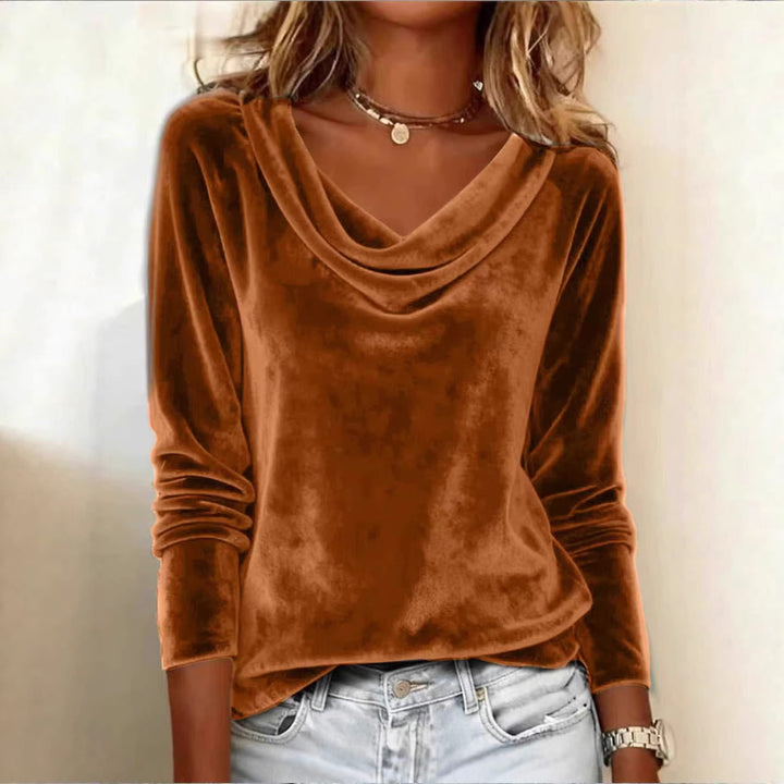 Women Velvet Long Sleeve with Waterfall Collar and Casual Cut Mune Fashion