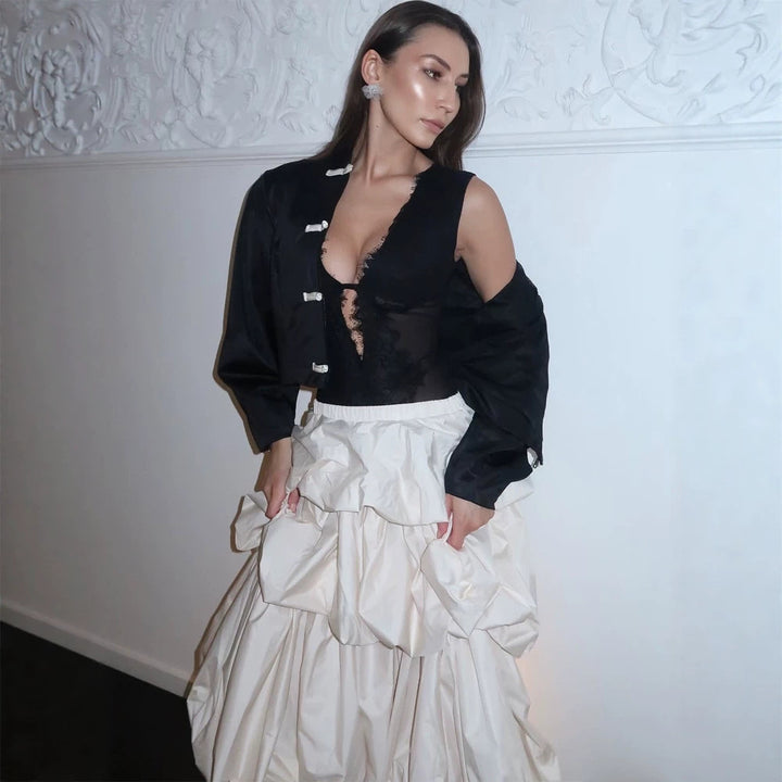 Women's lace bodysuit with transparent insert and dramatic tiered ruffle skirt set Mune Fashion