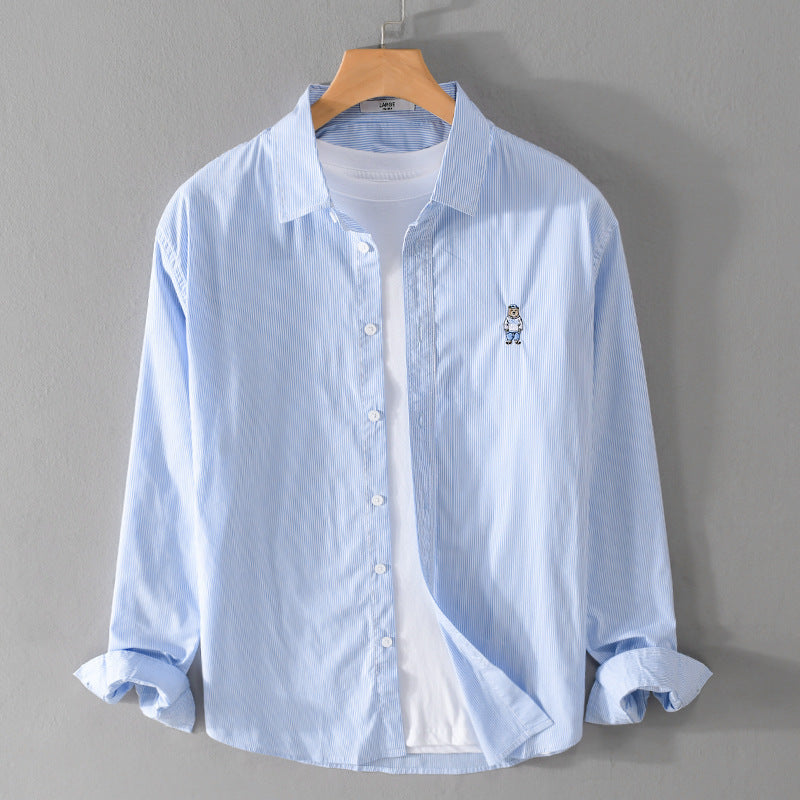 Men's Striped Cotton Shirt with Fine Embroidery and Relaxed Fit Mune Fashion