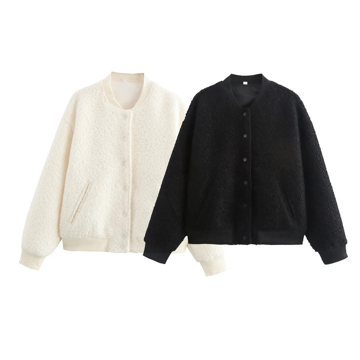 Ladies cozy teddy bomber jacket in college style with concealed snap button placket and integrated pockets Mune Fashion