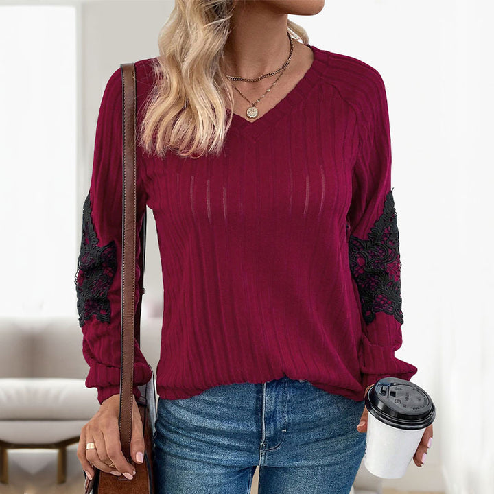 Ladies Light Ribbed Knit Sweater with V-Neck and Floral Lace Application on the Sleeves Mune Fashion
