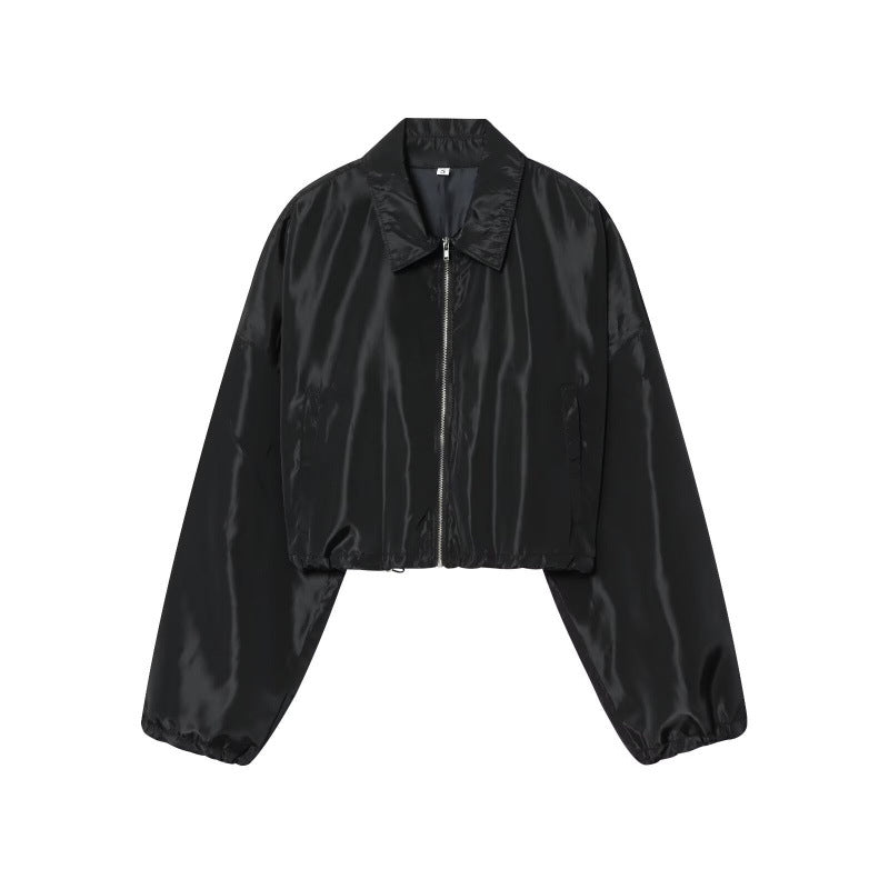 Women Cropped Bomber Jacket made of Satin Look with Zipper and Elastic Hem Mune Fashion