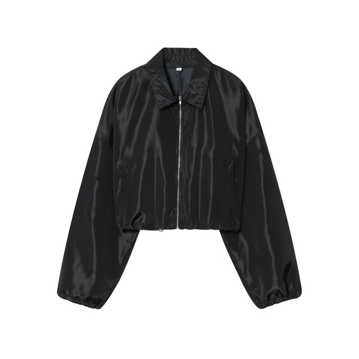 Women Cropped Bomber Jacket made of Satin Look with Zipper and Elastic Hem Mune Fashion