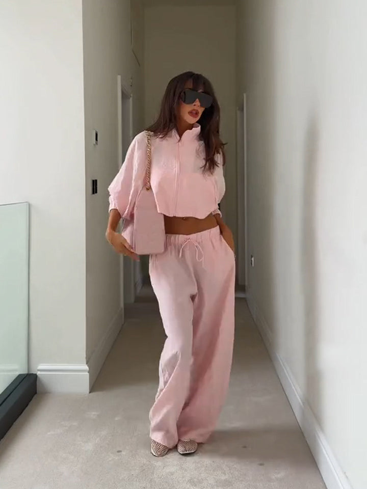 Women’s Casual Satin Tracksuit with Short Zipper Top & Wide Drawstring Pants Mune Fashion