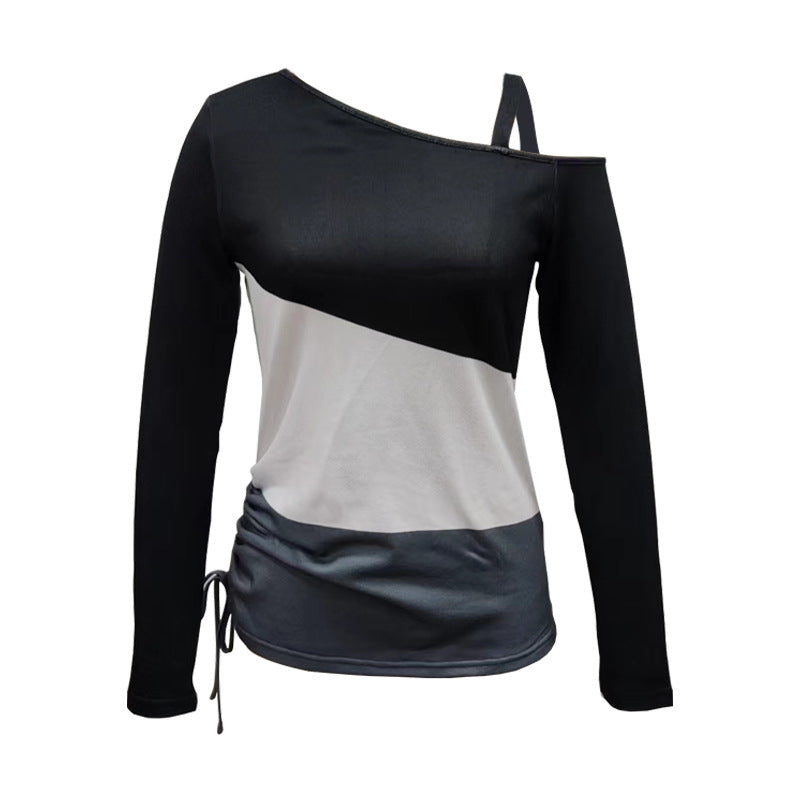Women Asymmetric One-Shoulder Long Sleeve with Draping and Drawstring Mune Fashion