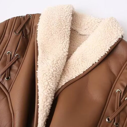 Women's Short Faux Leather Jacket with Teddy Lining, Shawl Collar and Waist Belt Mune Fashion