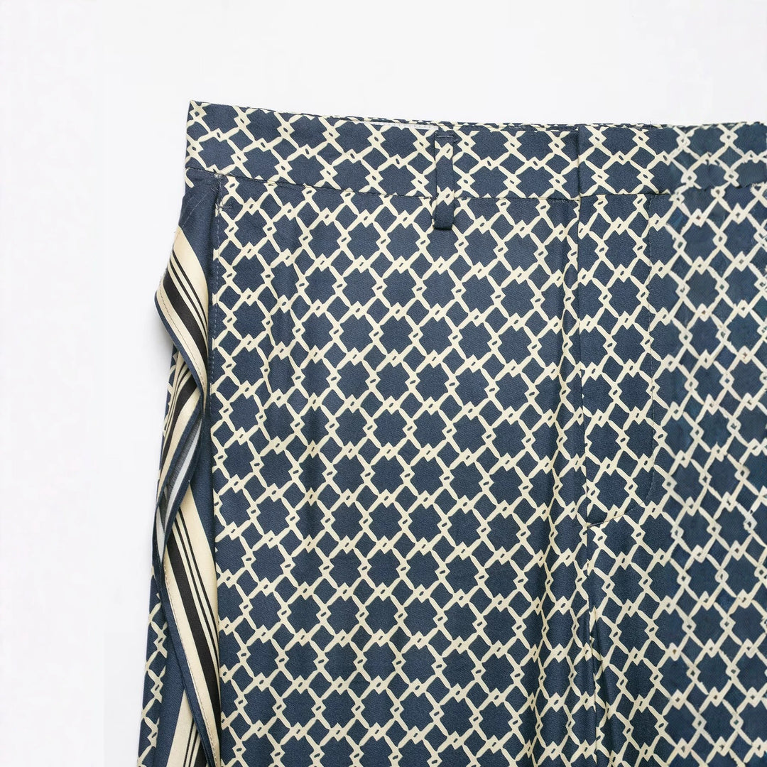 Ladies Wide Palazzo Pants with Geometric Allover Print and Side Stripe Drune