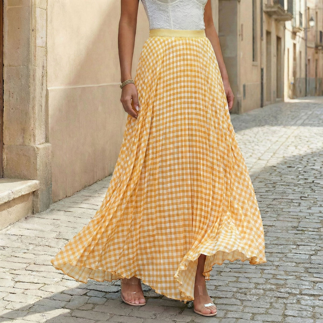 Ladies pleated maxi skirt with Vichy check, high waistband and ruffle trim Mune Fashion