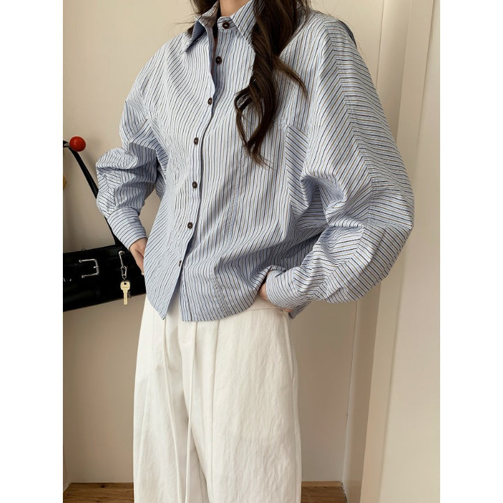 Women Oversized Shirt Blouse with Striped Pattern and Balloon Sleeves Mune Fashion