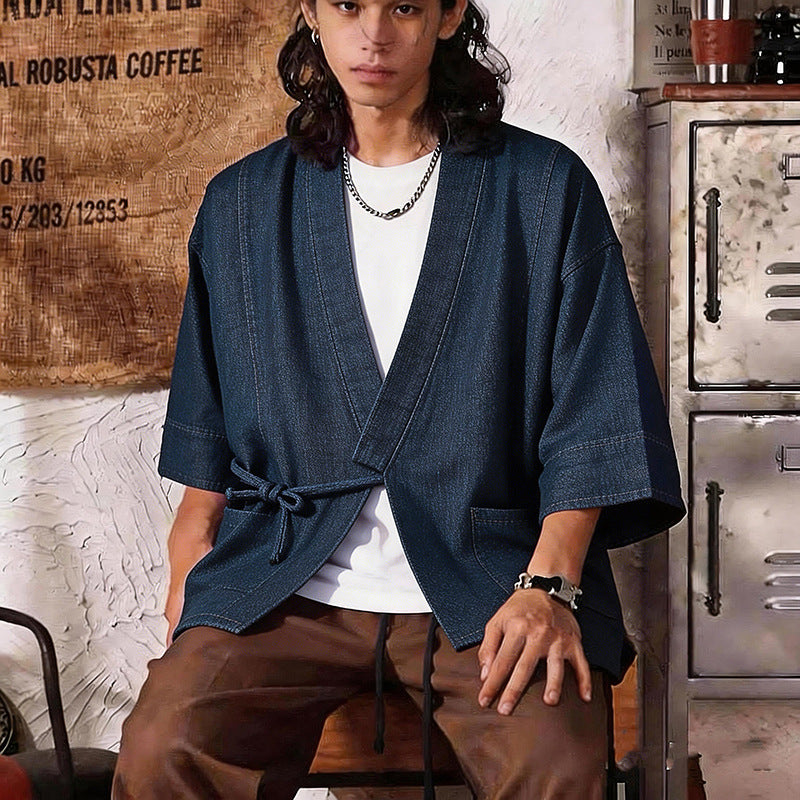 Unisex Jeans-Kimono Jacket with Ties and Patch Pockets Mune Fashion