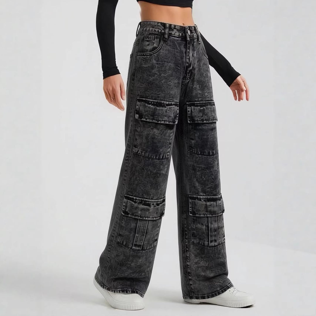 Women nan High-Waist Utility Denim Pants with applied knee patches, cargo pockets and wide flares Mune Fashion