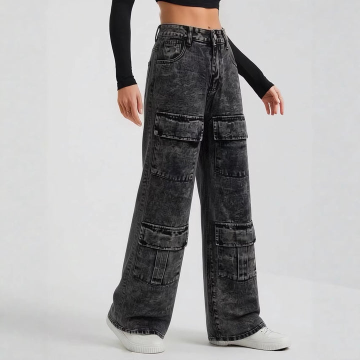 Women nan High-Waist Utility Denim Pants with applied knee patches, cargo pockets and wide flares Mune Fashion