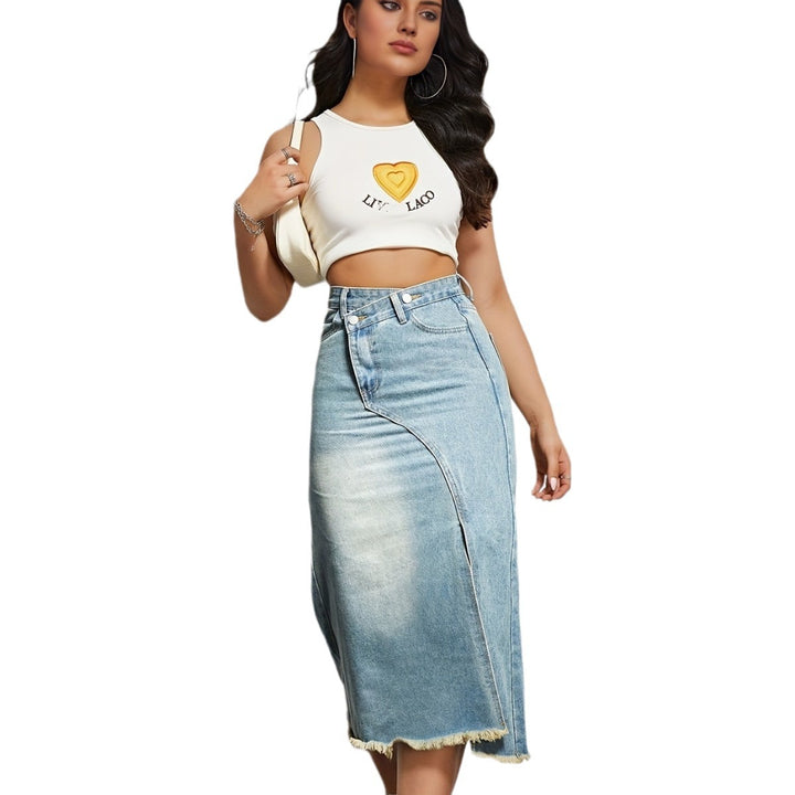 Women's asymmetrical high-waisted denim midi skirt with front slit and frayed hem Mune Fashion