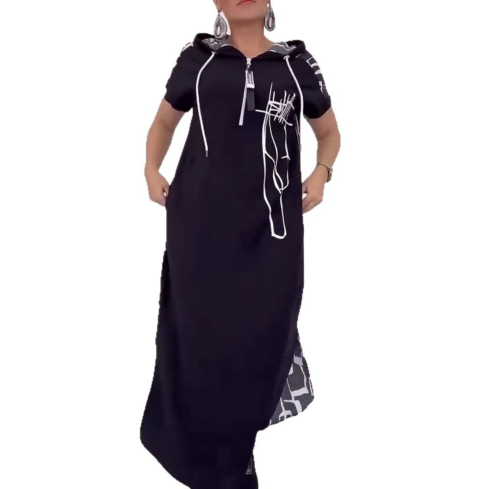 Women's casual hooded kaftan dress in loose fit with short sleeve cut and abstract graphic pattern Mune Fashion