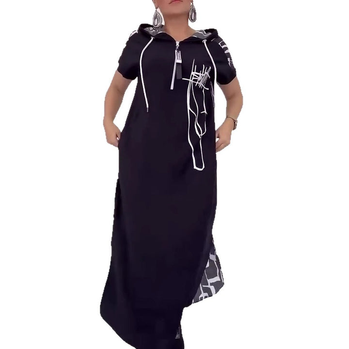 Women's casual hooded kaftan dress in loose fit with short sleeve cut and abstract graphic pattern Mune Fashion