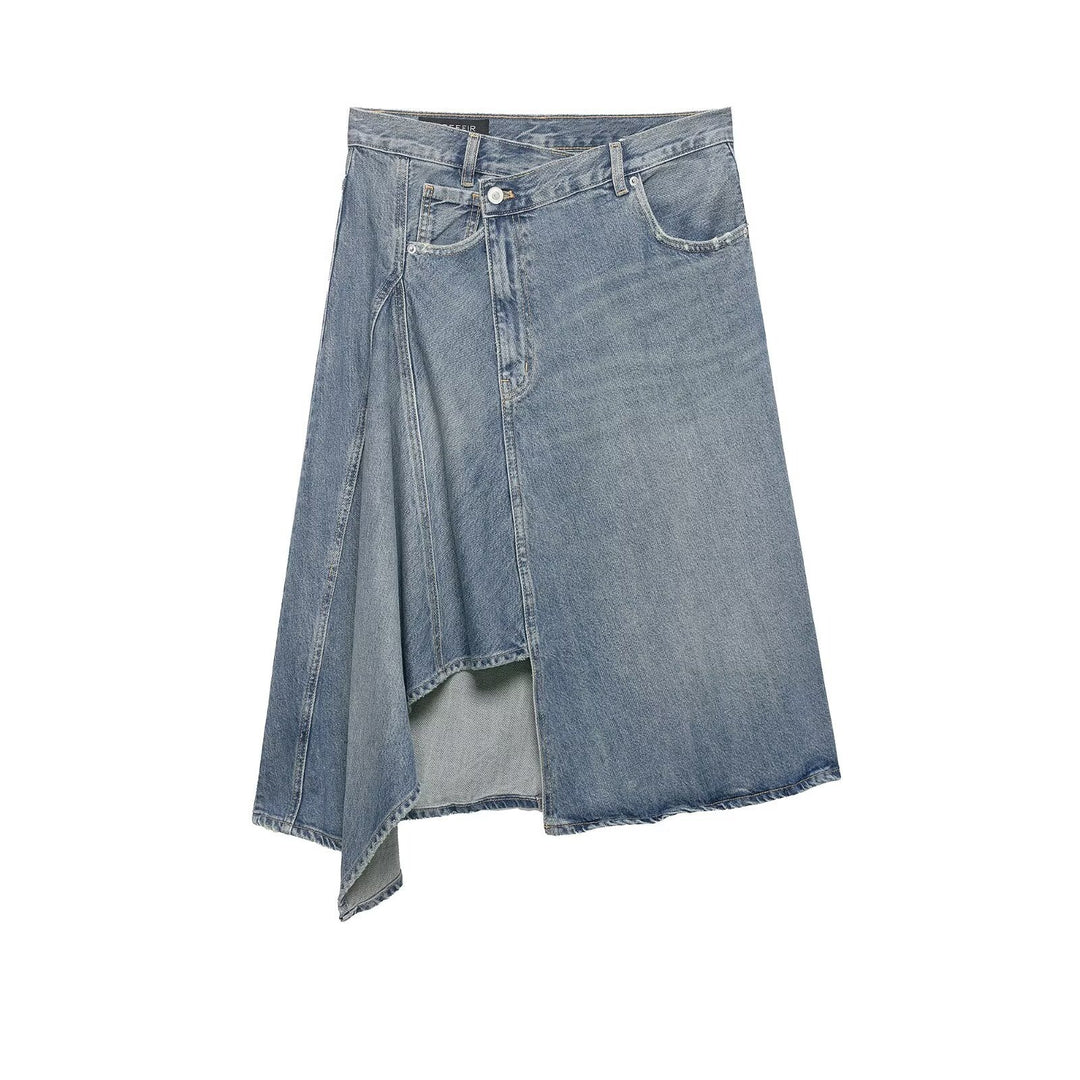 Women's Asymmetrical Denim Wrap Skirt with Inserts and Pockets Mune Fashion