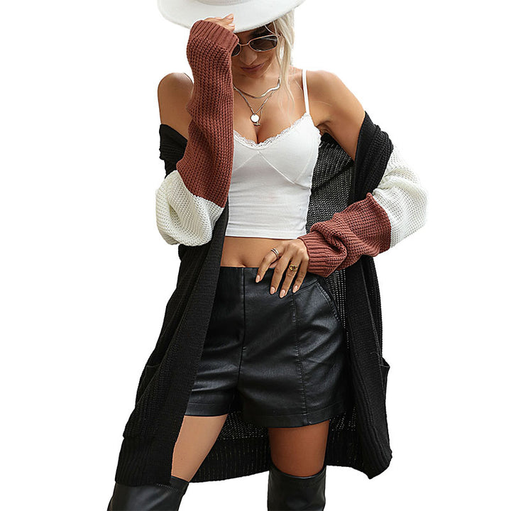 Women's Oversized Knit Cardigan with Color Block Sleeves, Patch Pockets and Open Front Mune Fashion