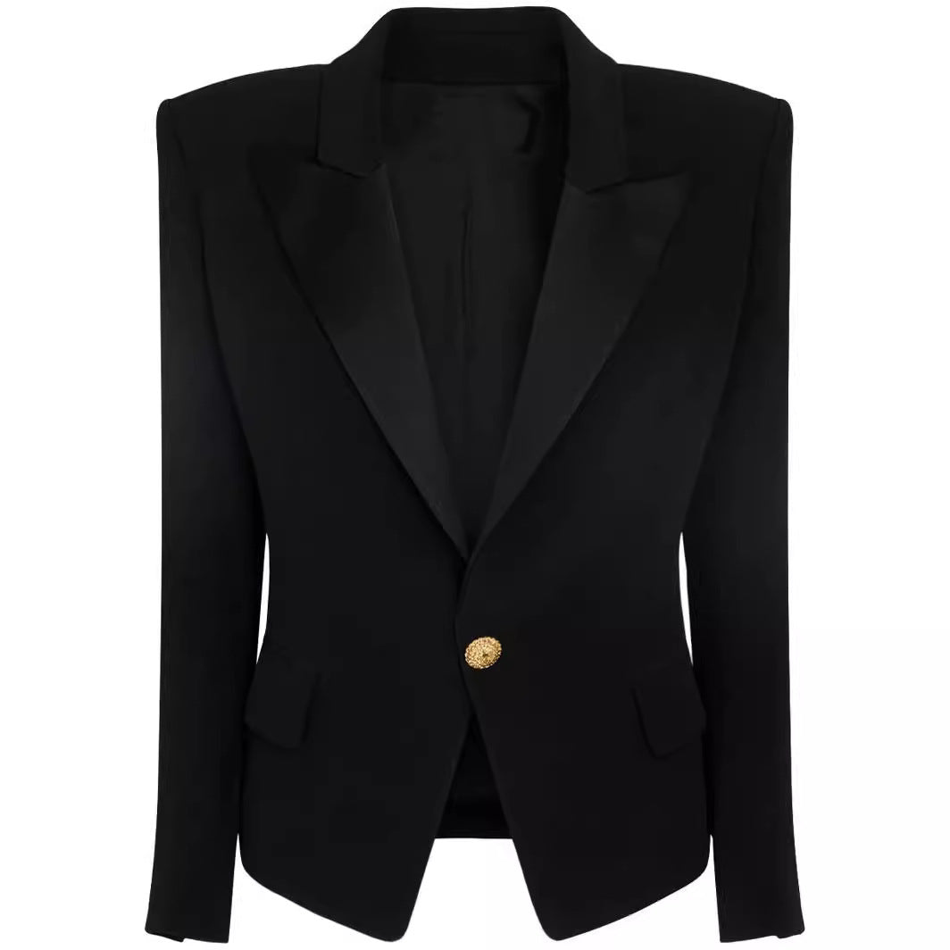 Women Slim-Fit Tuxedo Blazer in Tailoring with Emphasized Shoulder and Gold Decorative Button Placket Mune Fashion