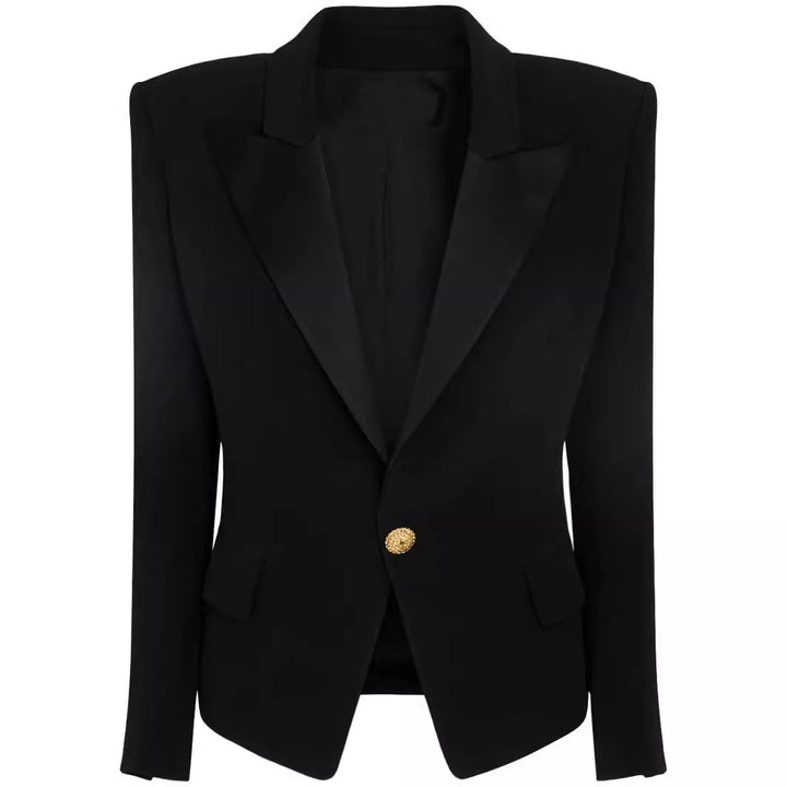 Women Slim-Fit Tuxedo Blazer in Tailoring with Emphasized Shoulder and Gold Decorative Button Placket Mune Fashion