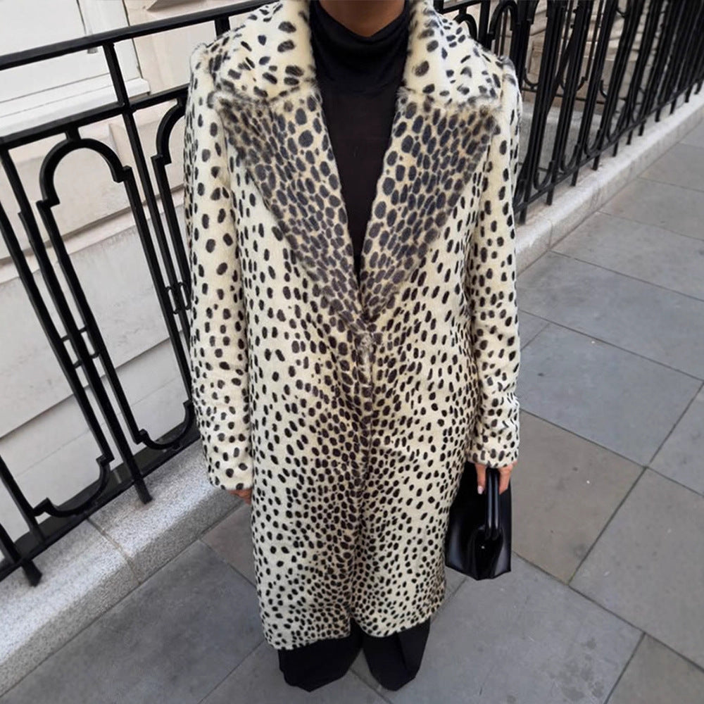 Women Mid-length Faux Fur Coat with Distinctive Spot Pattern and Lapel Collar Mune Fashion
