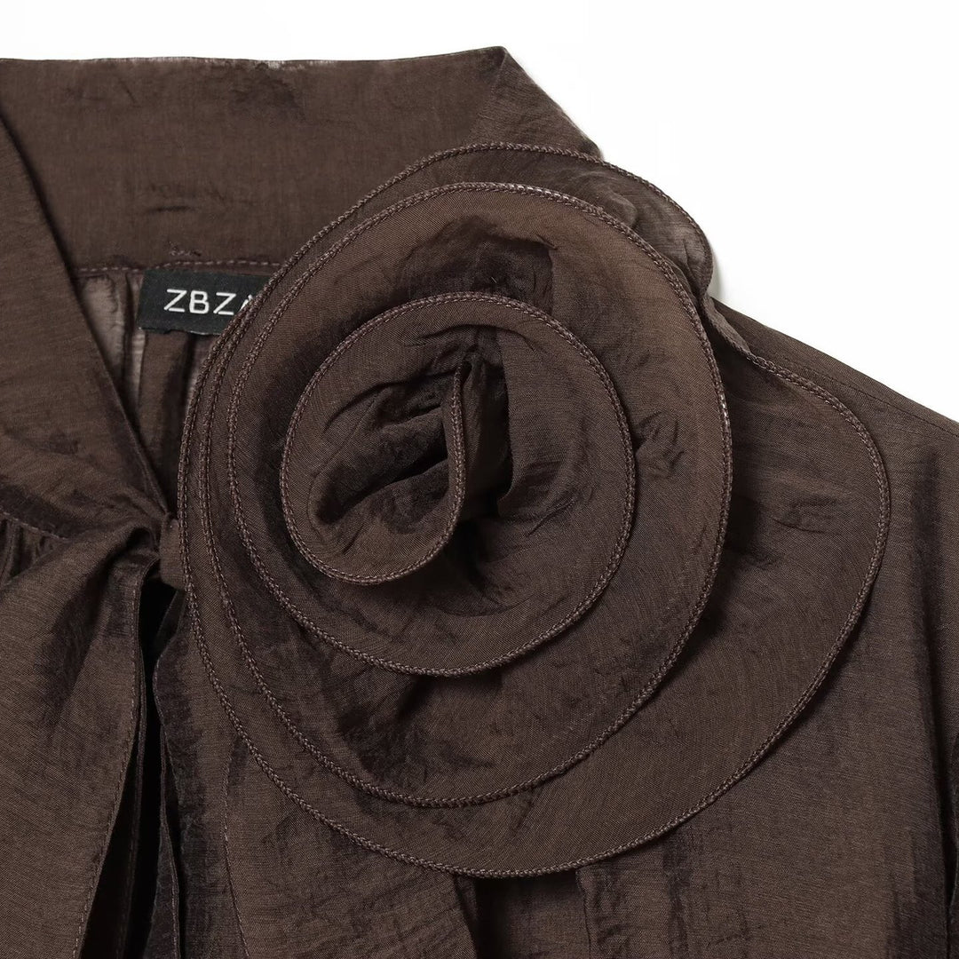 Women's Transparent Chiffon Blouse with Bow Collar, Voluminous Sleeves and Floral Brooch