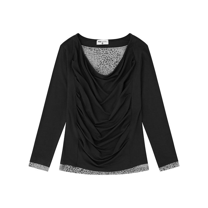 Women's Figure-Flattering Long Sleeve Shirt with Waterfall Draping and Animal Inside Lining Mune Fashion