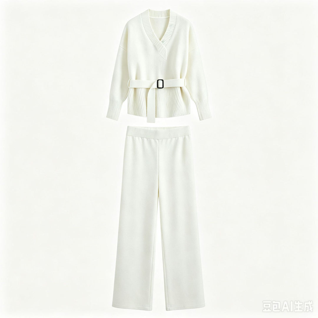 Women's Knit Set with V-Neck, Waist Belt, and Wide Culotte Pants Drune