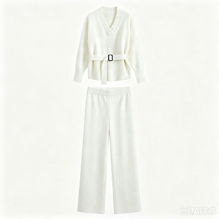 Women's Knit Set with V-Neck, Waist Belt, and Wide Culotte Pants Drune