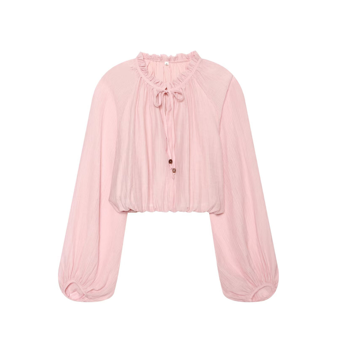 Women's Lightweight Pleated Crop Top with Ruffled Collar and Drawstring Mune Fashion