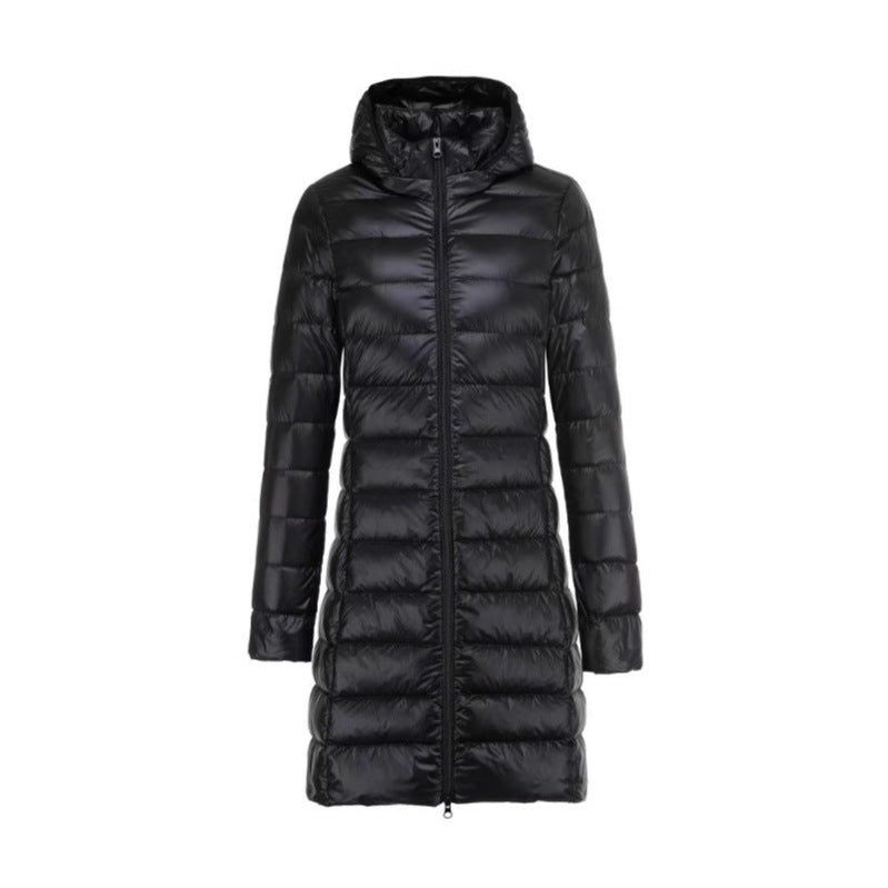 Women Long Cut Ultra-Light Thermal Parka with Contoured Silhouette and Hood Mune Fashion