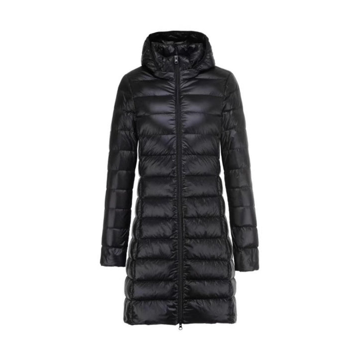 Women Long Cut Ultra-Light Thermal Parka with Contoured Silhouette and Hood Mune Fashion