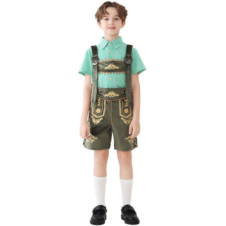 Unisex traditional children's leather trousers with adjustable suspenders and elaborate embroidery Mune Fashion