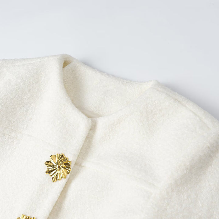 Women's Tailored Boucle Short Jacket with Round Neckline and Gold Decorative Buttons Mune Fashion