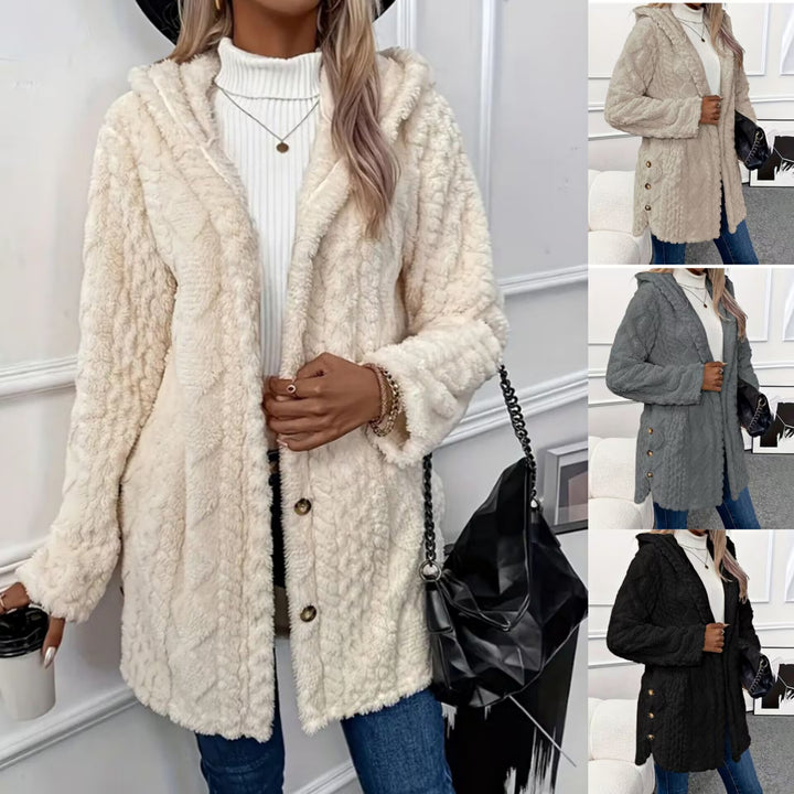 Ladies nan cozy teddy coat with hood, button placket and pockets Mune Fashion