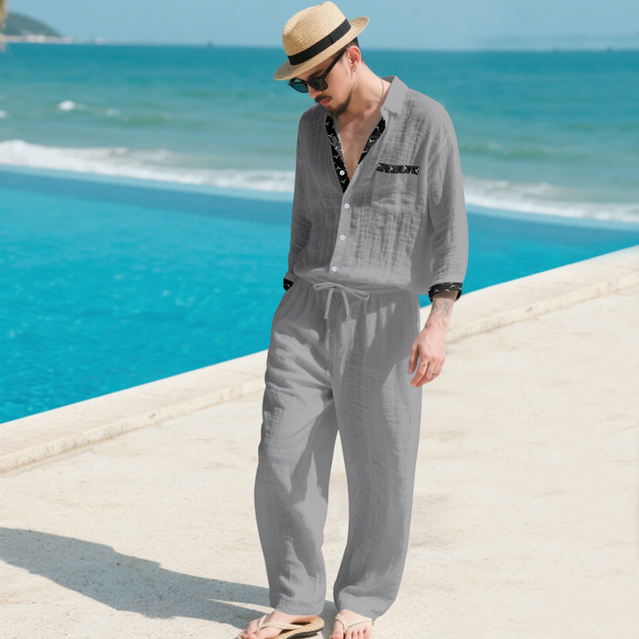 Men's Linen Look Loungewear Set with Drawstring Pants and Open Shirt Jacket Mune Fashion