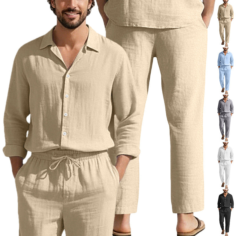 Men's relaxed linen set with open shirt collar and loose drawstring pants Mune Fashion