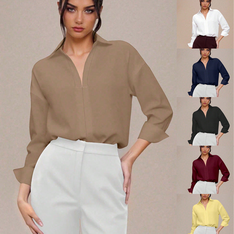 Women Elegant Shirt Blouse Bodysuit with V-Neck, Oversized Cut and Cuff Flaps Mune Fashion