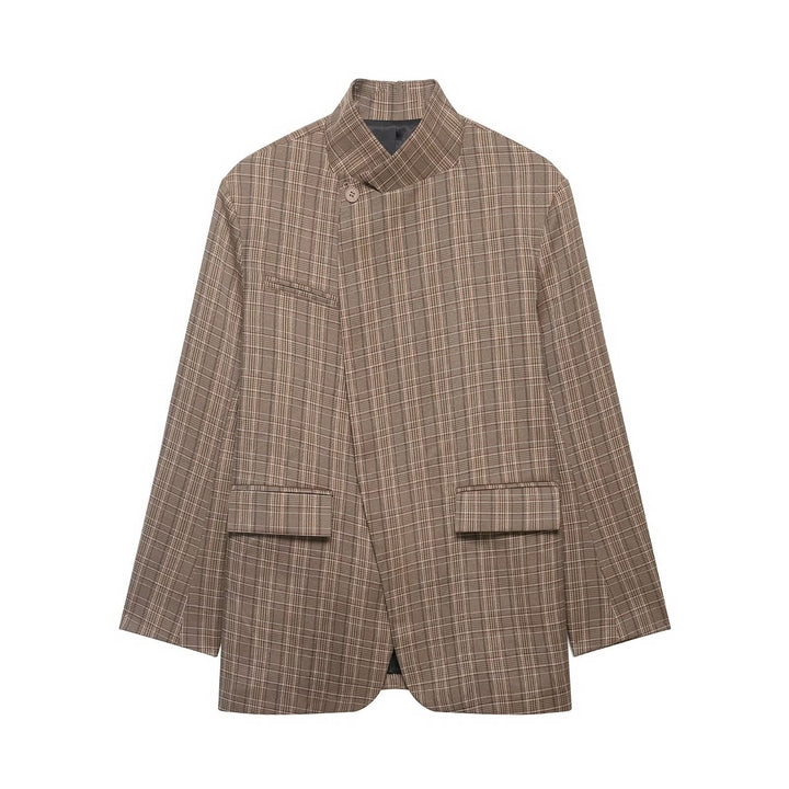 Women's Oversized Glencheck Blazer with Stand Collar and Asymmetrical Button Placket Mune Fashion