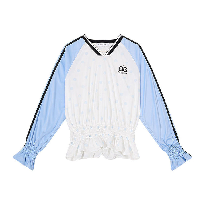 Women's Sporty Long Sleeve Shirt with Raglan Sleeves, Smocked Waistband and V-Neck Dress