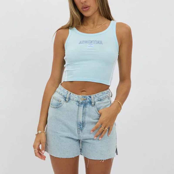 Women's sporty short-cut crop top with round neckline and side contrast stripes Mune Fashion