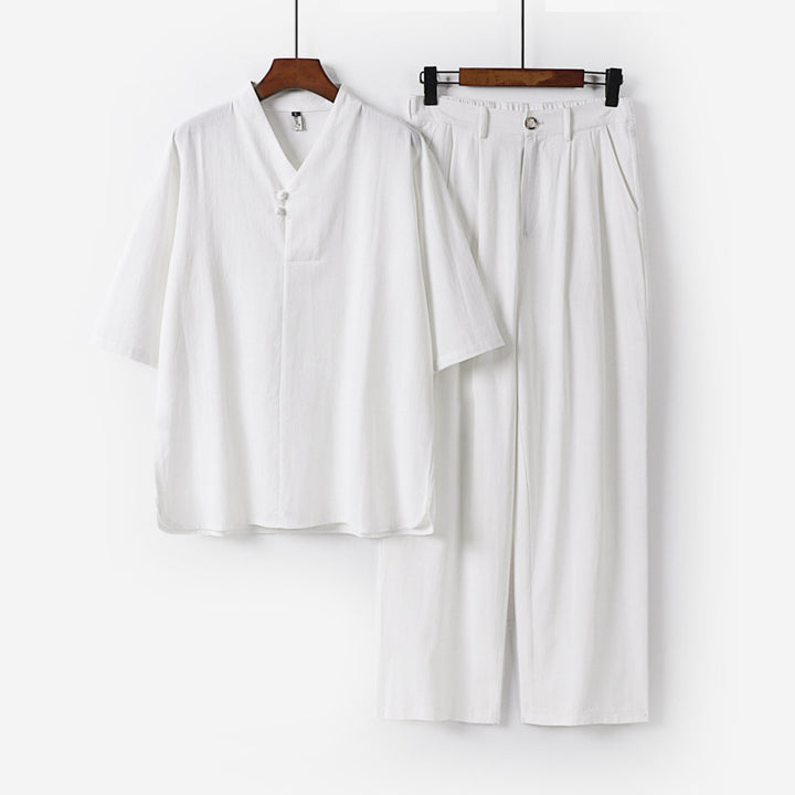 Men's Two-Piece Lightweight Kimono Loungewear Set with Stand Collar Tie Closure Short Sleeve and Wide Leg Pants Mune Fashion