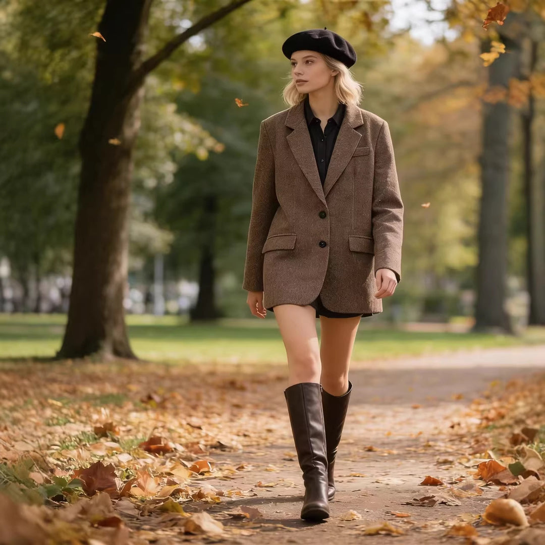 Women's Oversize Tweed Blazer with Houndstooth Pattern and Flap Pockets Mune Fashion