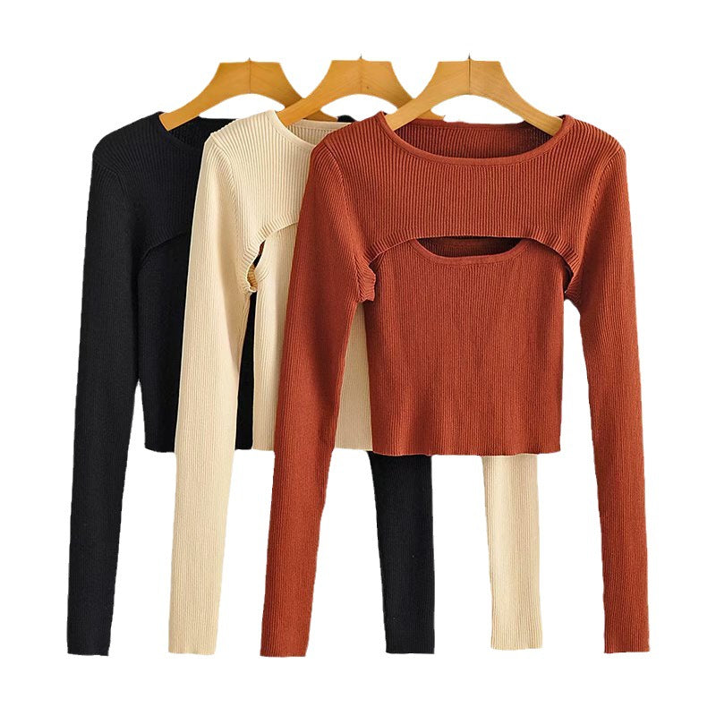 Women short cut ribbed knit top with asymmetric cut-outs and round neckline Mune Fashion