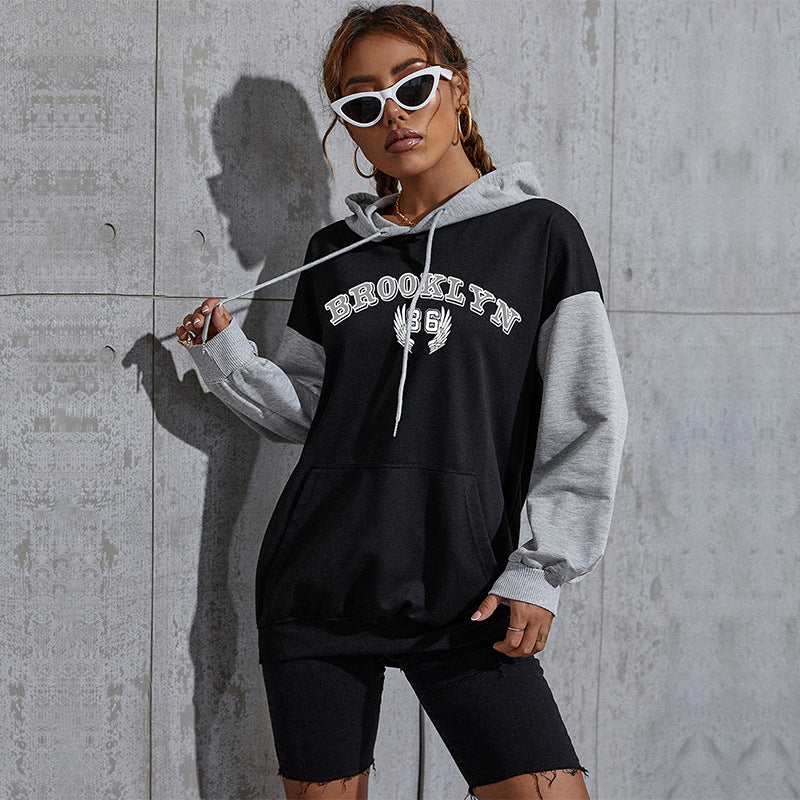 Women's Oversized Hoodie in College Style with Color Block Sleeves, Kangaroo Pocket and Drawstring