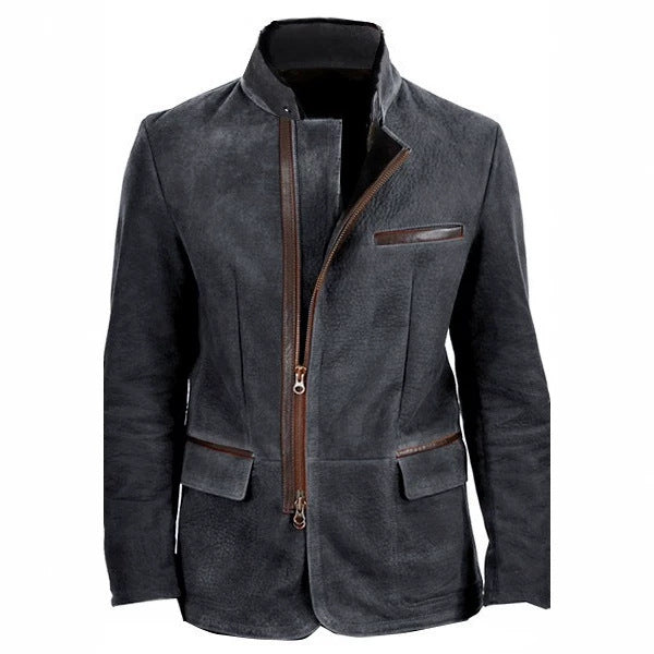 Men's suede field jacket in pilot style with stand-up collar, asymmetrical double-opening zipper and contrasting leather trims Mune Fashion