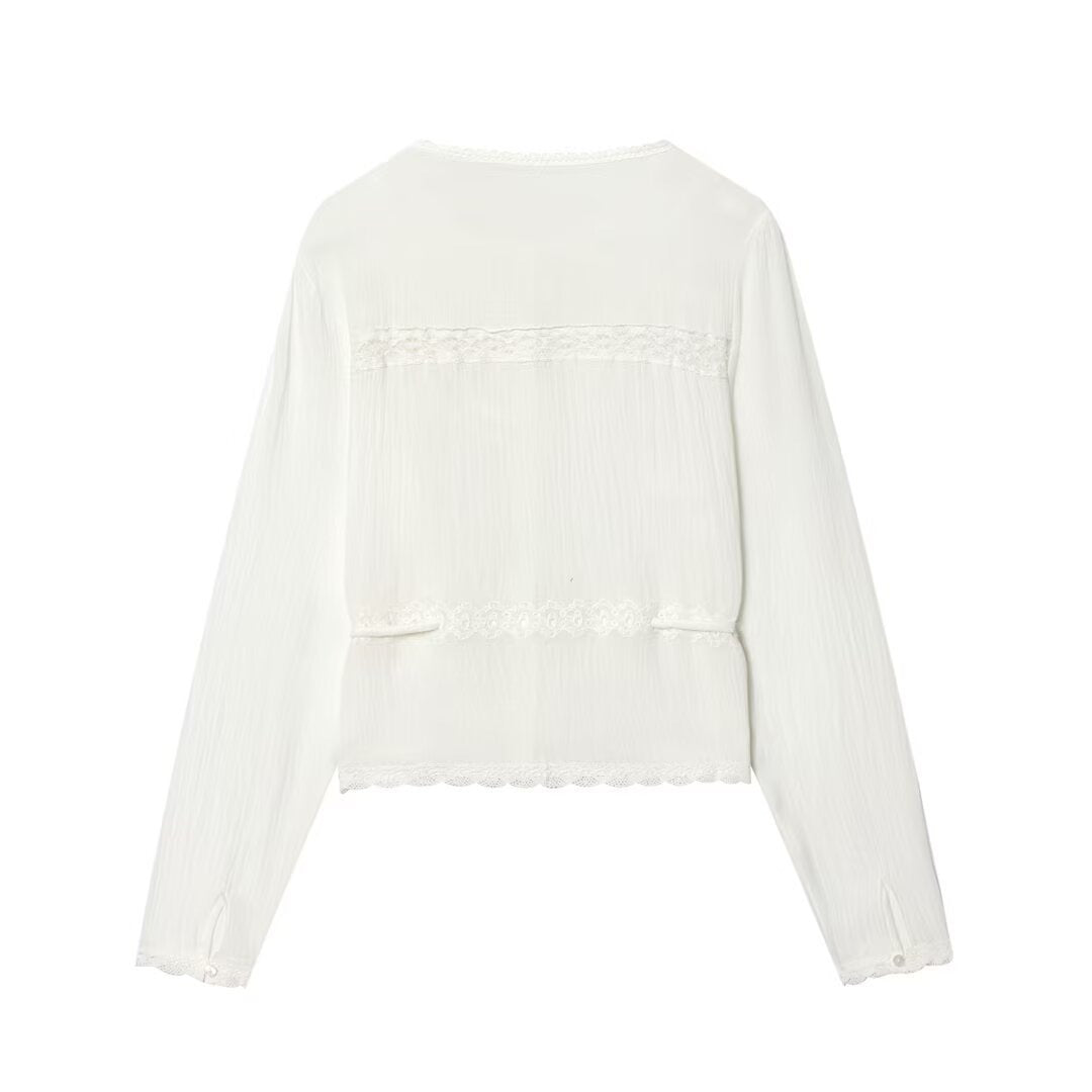 Women’s Light Embroidery Blouse with Lace Collar, Tie Waist and Button Placket Mune Fashion