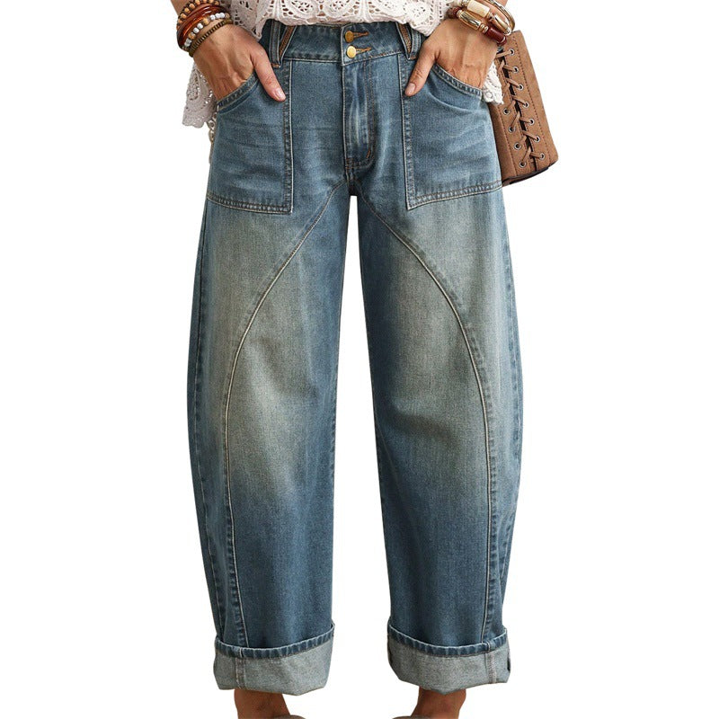 Women Wide High-Cut Jeans with Curved Seam Details and Patch Pockets Mune Fashion