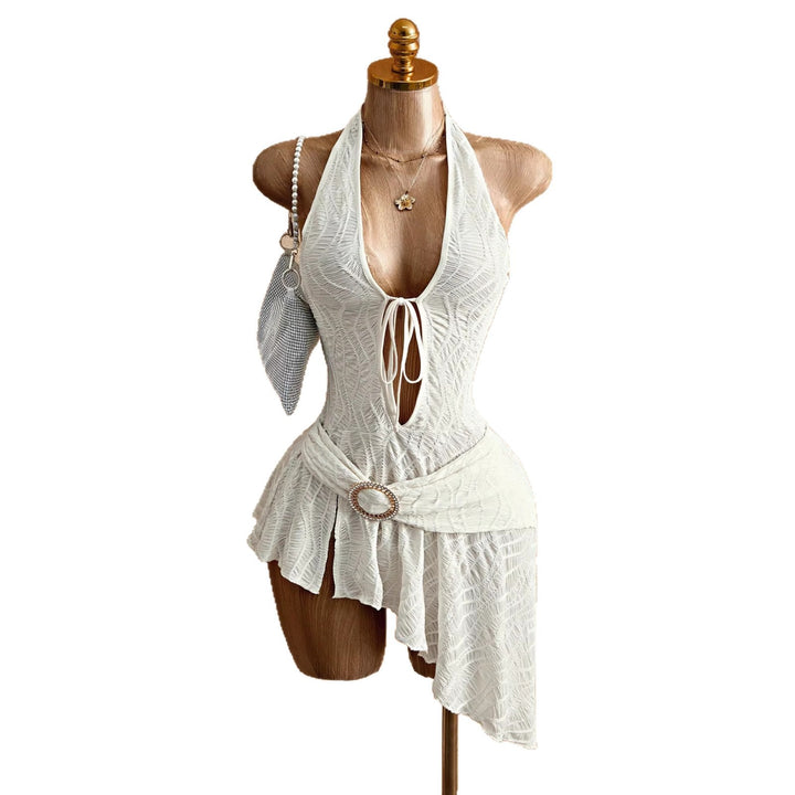 Women's figure-hugging halter mini dress with lacing, cut-out, and asymmetrical wrap skirt Mune Fashion